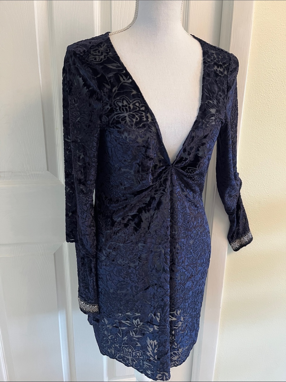 Deep Navy Velvet Floral V-Neck Dance Dress DIY project Gahwazee Tunic Dress Med